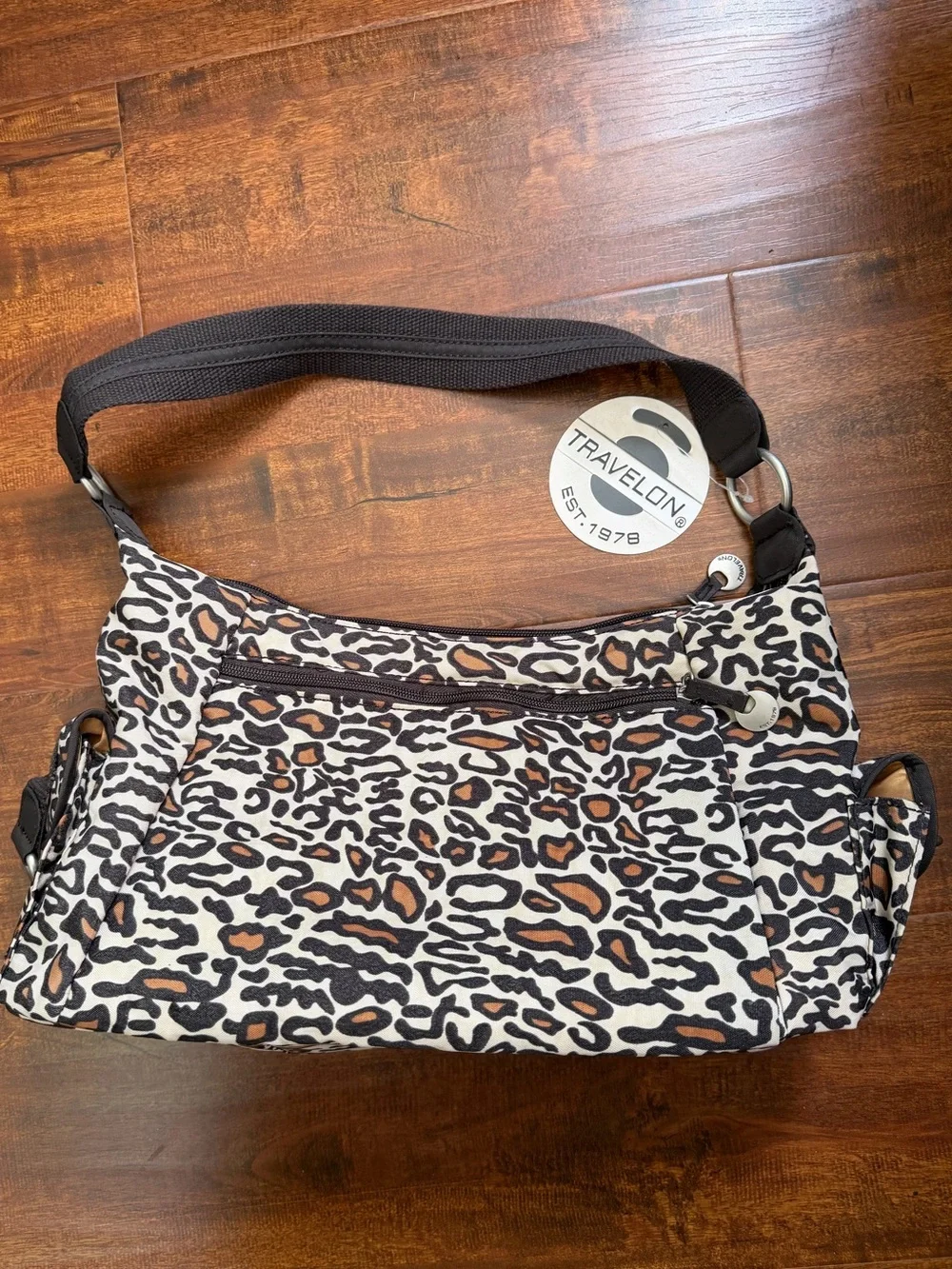 NWT Travelon Leopard Print Stylish Shoulder Bag in Brown and Cream